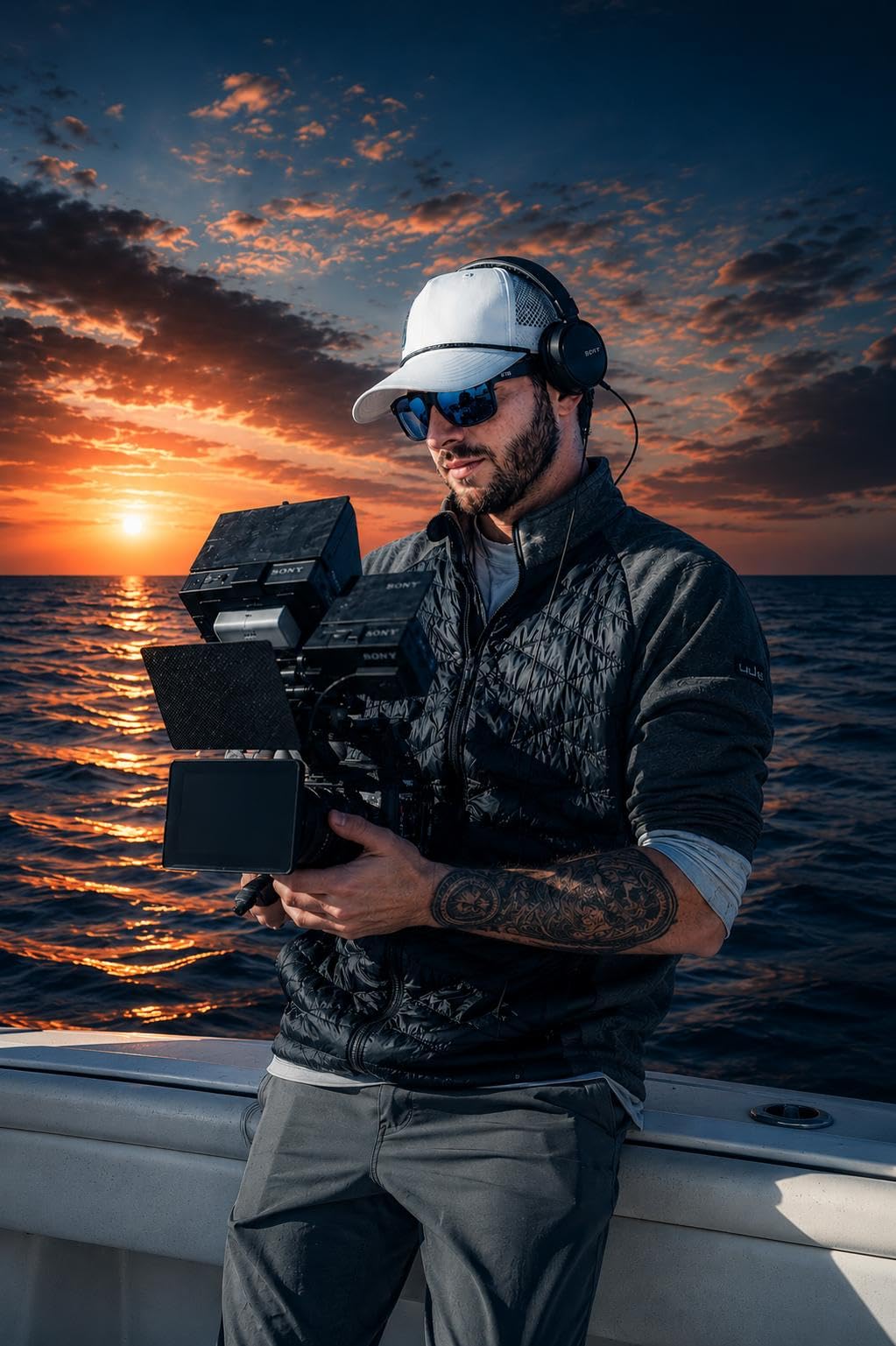 Mac Hoover operating a cinema camera on the water at sunset