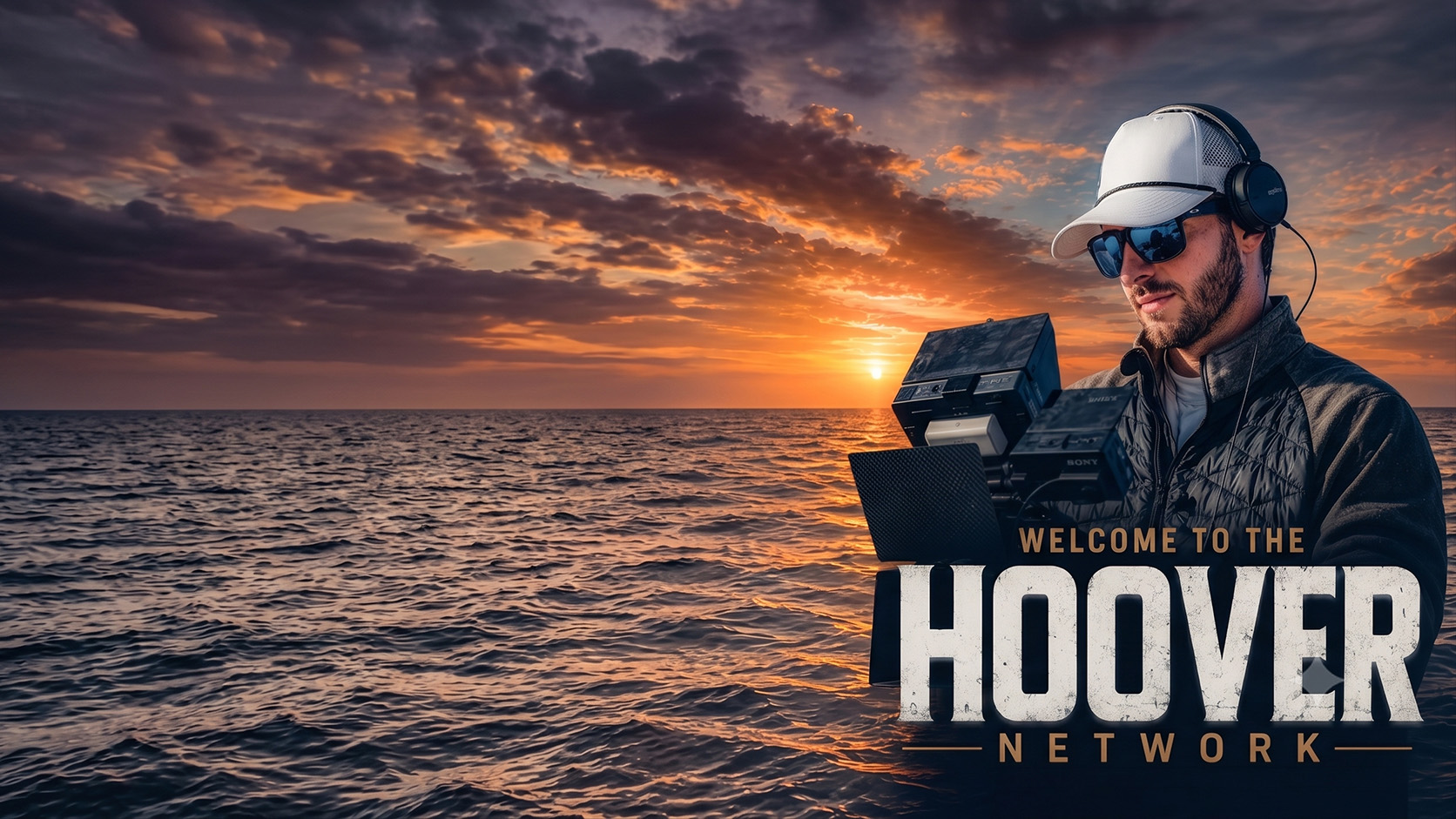 Mac Hoover filming on the ocean beneath a dramatic sunset